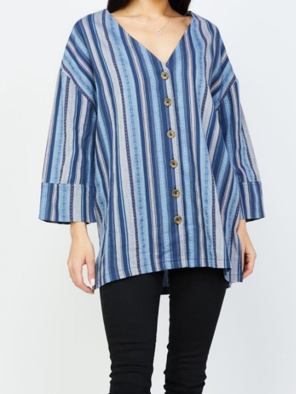 RD+Koko (Anthropologie) Striped Blue V-Neck Button-Front Tunic Top - Size Small